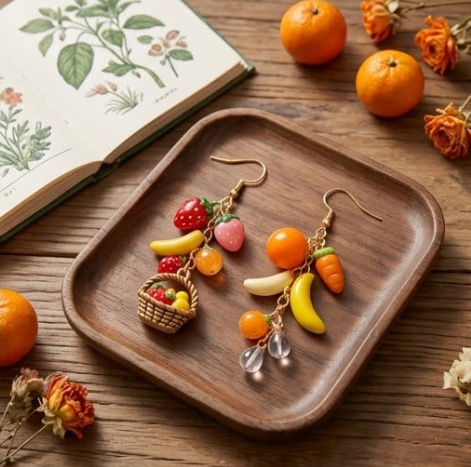 Mismatched Fruit Basket & Harvest Produce Cluster Dangle Earrings