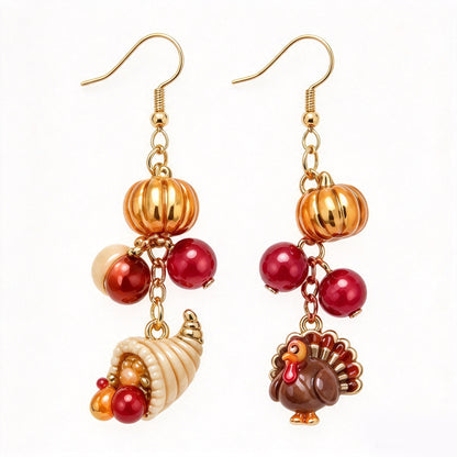 Mismatched Thanksgiving Turkey & Cornucopia Harvest Dangle Earrings