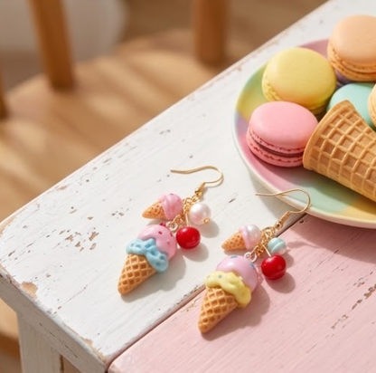 Pastel Ice Cream Cone & Cherry Cluster Dangle Earrings