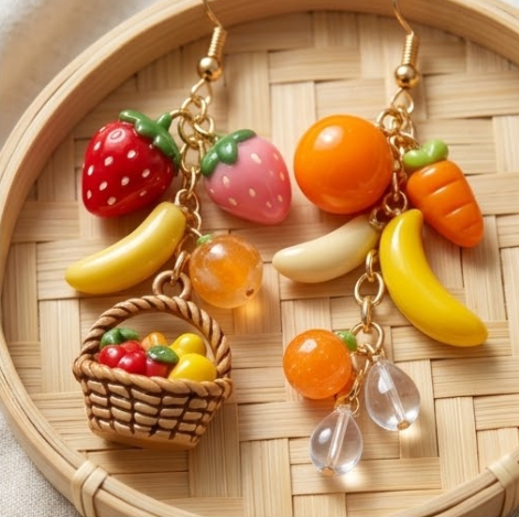 Mismatched Fruit Basket & Harvest Produce Cluster Dangle Earrings