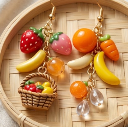 Mismatched Fruit Basket & Harvest Produce Cluster Dangle Earrings