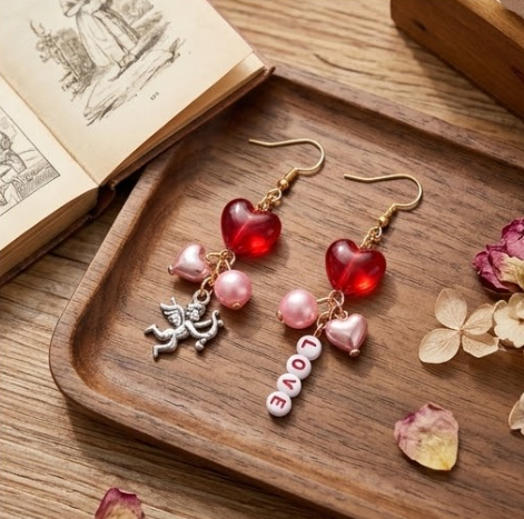 Mismatched Cupid Angel & LOVE Letter Heart Dangle Earrings