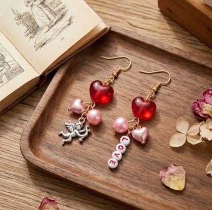 Mismatched Cupid Angel & LOVE Letter Heart Dangle Earrings